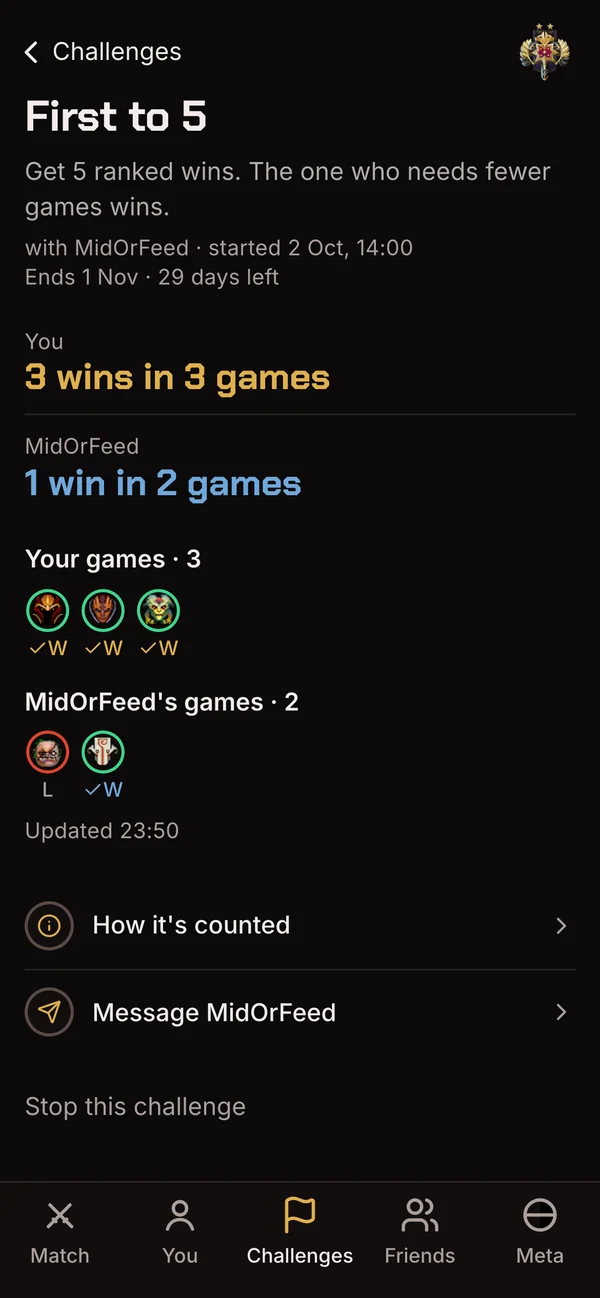 First to 5 with MidOrFeed: you have 3 wins in 3 games, MidOrFeed 1 win in 2 games