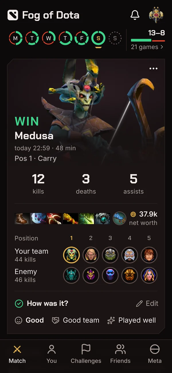 Match: a win on Medusa, 12 kills, 3 deaths, 5 assists, the items, both teams and the tags Good, Good team and Played well